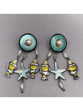 Tropical Fish Starfish Earrings Dangle Articulated Teal Enamel Sterling Silver